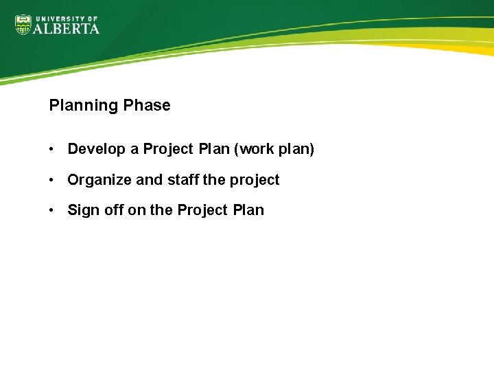 Planning Phase • Develop a Project Plan (work plan) • Organize and staff the