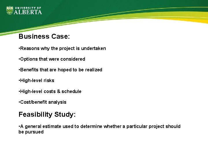 Business Case: • Reasons why the project is undertaken • Options that were considered