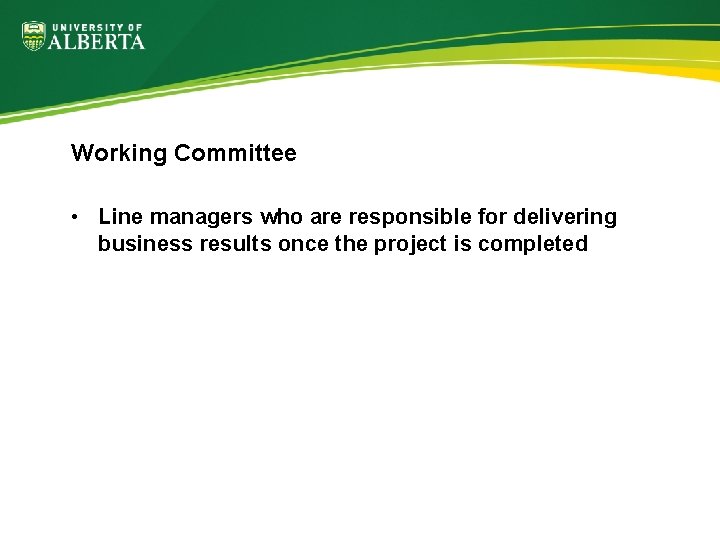 Working Committee • Line managers who are responsible for delivering business results once the