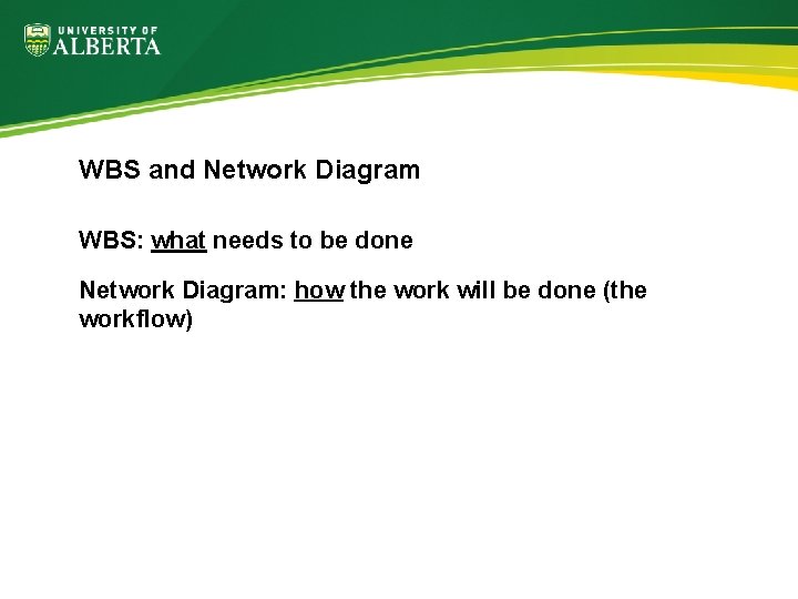 WBS and Network Diagram WBS: what needs to be done Network Diagram: how the