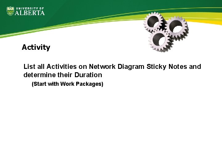 Activity List all Activities on Network Diagram Sticky Notes and determine their Duration (Start