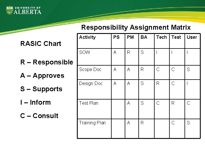  Responsibility Assignment Matrix RASIC Chart Activity PS PM BA Tech Test User SOW