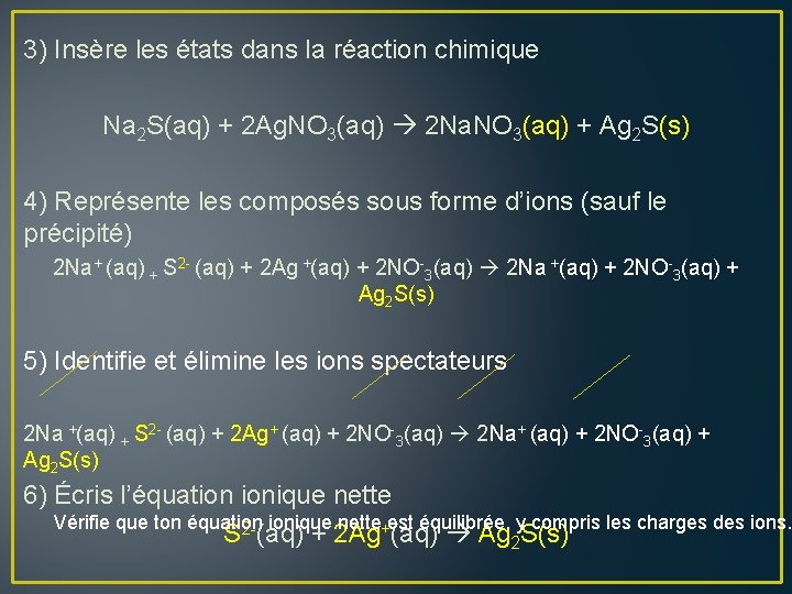 3) Insère les états dans la réaction chimique Na 2 S(aq) + 2 Ag.