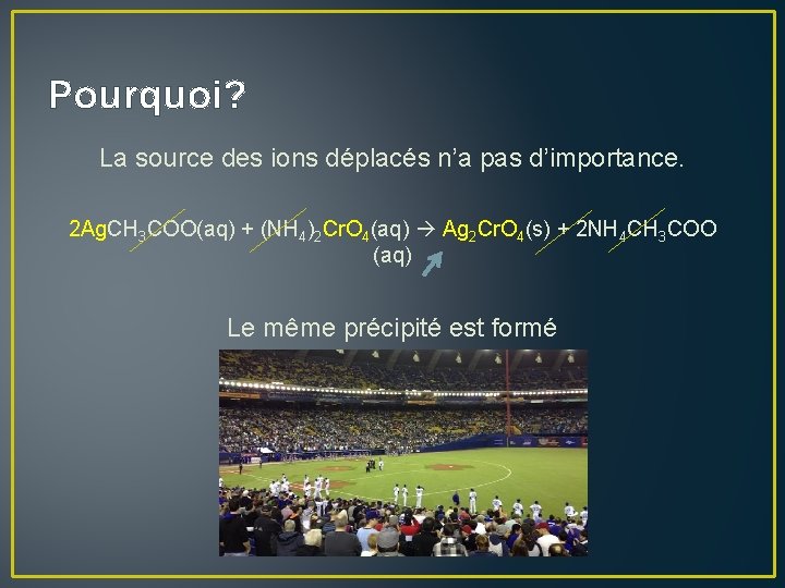 Pourquoi? La source des ions déplacés n’a pas d’importance. 2 Ag. CH 3 COO(aq)