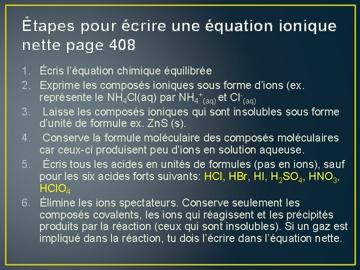 Étapes pour écrire une équation ionique nette page 408 1. Écris l’équation chimique équilibrée