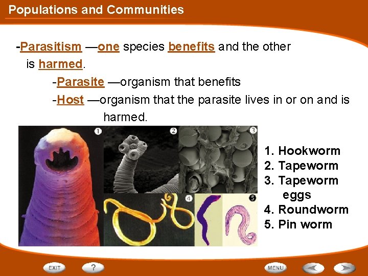Populations and Communities -Parasitism —one species benefits and the other is harmed. -Parasite —organism