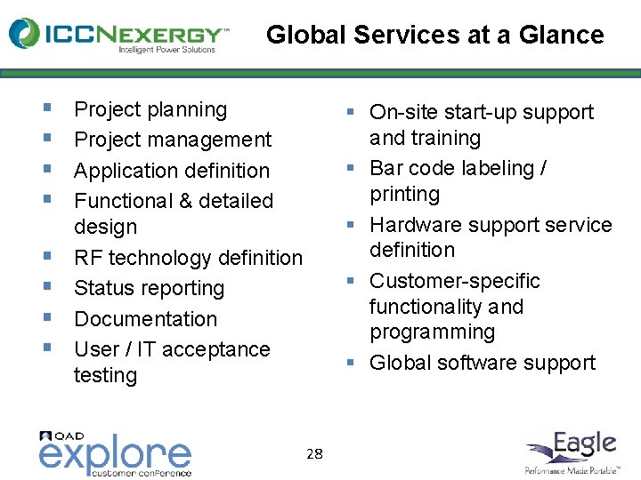 Global Services at a Glance § § § § Project planning Project management Application