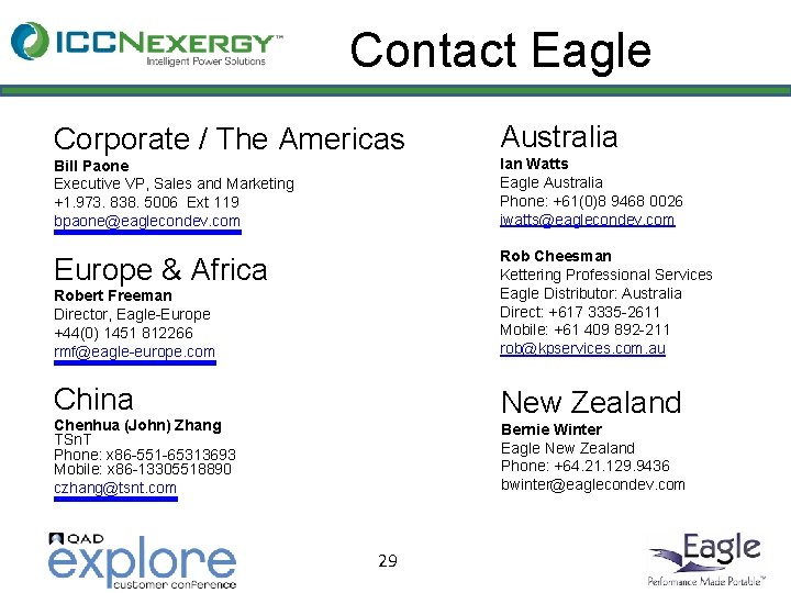 Contact Eagle Australia Corporate / The Americas Bill Paone Executive VP, Sales and Marketing
