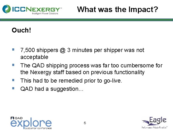 What was the Impact? Ouch! § 7, 500 shippers @ 3 minutes per shipper