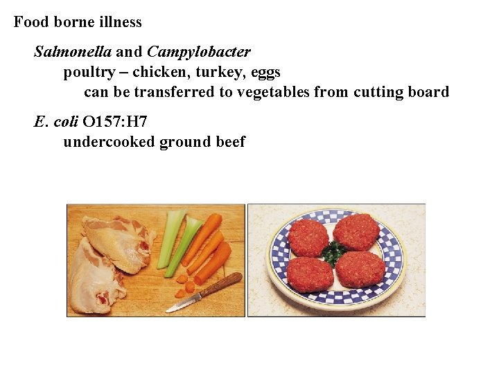 Food borne illness Salmonella and Campylobacter poultry – chicken, turkey, eggs can be transferred