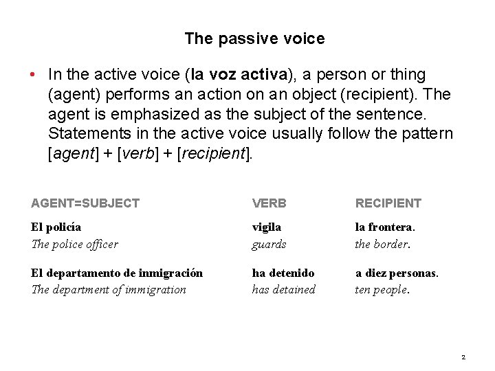 10. 1 The passive voice • In the active voice (la voz activa), a