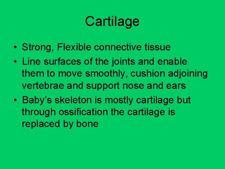 Cartilage • Strong, Flexible connective tissue • Line surfaces of the joints and enable