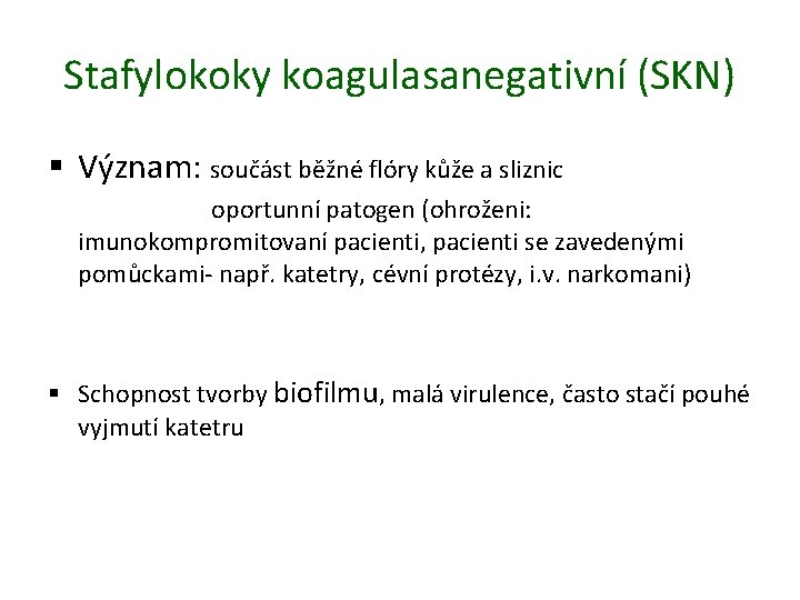 Stafylokoky koagulasanegativní (SKN) § Význam: součást běžné flóry kůže a sliznic oportunní patogen (ohroženi: