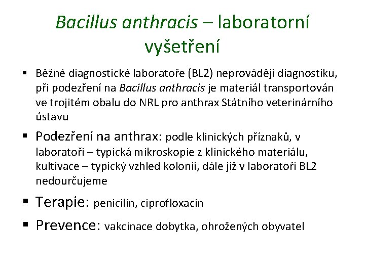 Bacillus anthracis – laboratorní vyšetření § Běžné diagnostické laboratoře (BL 2) neprovádějí diagnostiku, při