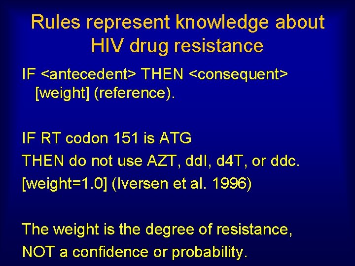 Rules represent knowledge about HIV drug resistance IF <antecedent> THEN <consequent> [weight] (reference). IF