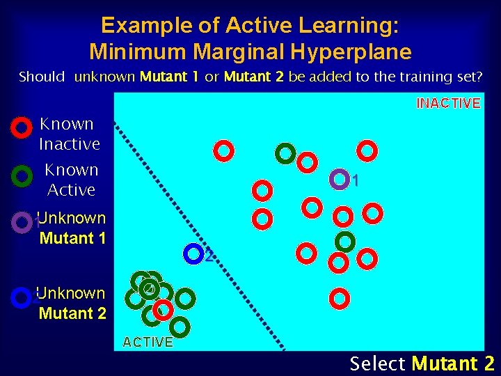 Example of Active Learning: Minimum Marginal Hyperplane Should unknown Mutant 1 or Mutant 2