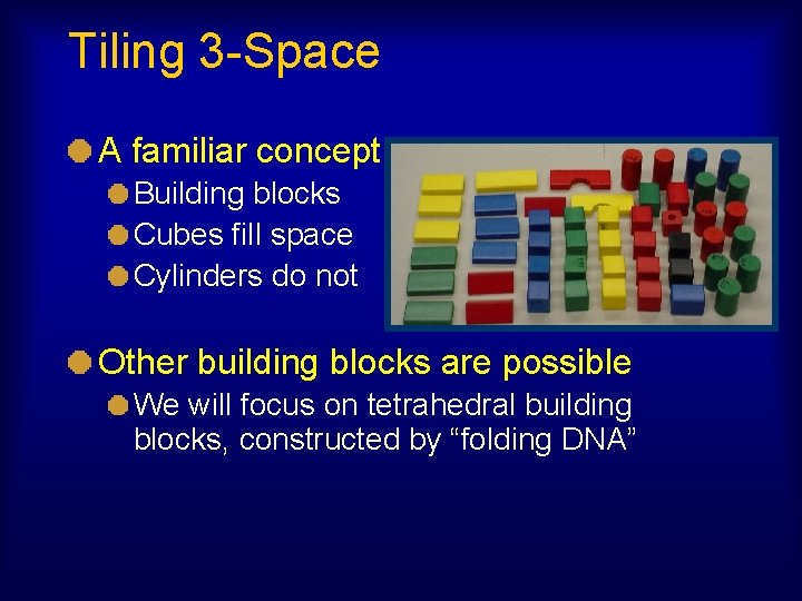 Tiling 3 -Space A familiar concept Building blocks Cubes fill space Cylinders do not