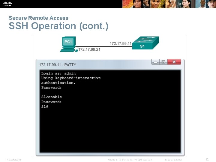 Secure Remote Access SSH Operation (cont. ) Presentation_ID © 2008 Cisco Systems, Inc. All