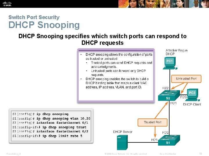 Switch Port Security DHCP Snooping specifies which switch ports can respond to DHCP requests