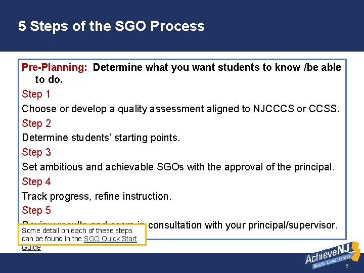 5 Steps of the SGO Process Pre-Planning: Determine what you want students to know