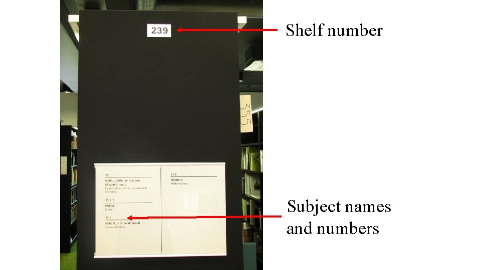 Shelf number Subject names and numbers 