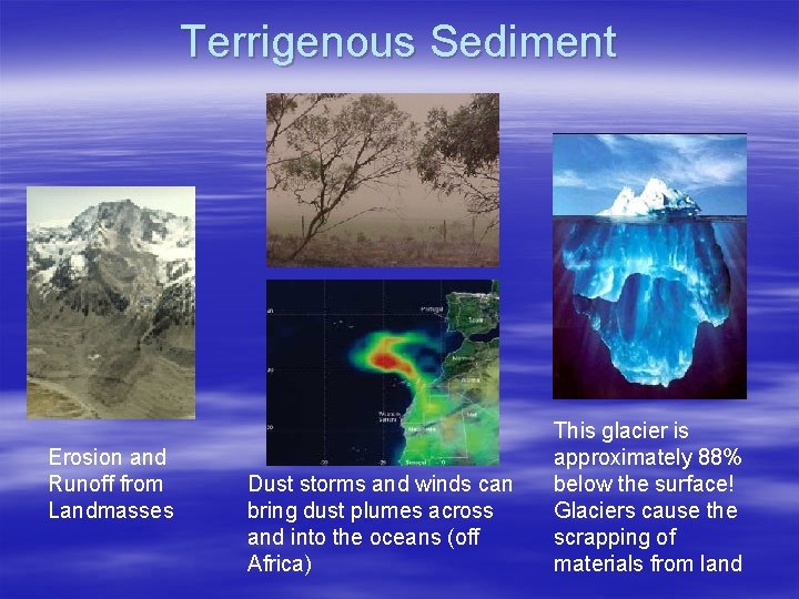 Terrigenous Sediment Erosion and Runoff from Landmasses Dust storms and winds can bring dust