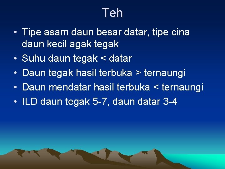 Teh • Tipe asam daun besar datar, tipe cina daun kecil agak tegak •