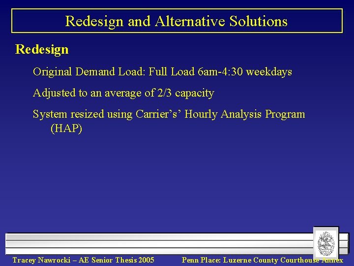 Redesign and Alternative Solutions Redesign Original Demand Load: Full Load 6 am-4: 30 weekdays