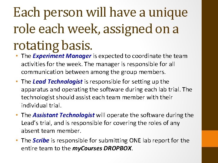 Each person will have a unique role each week, assigned on a rotating basis.