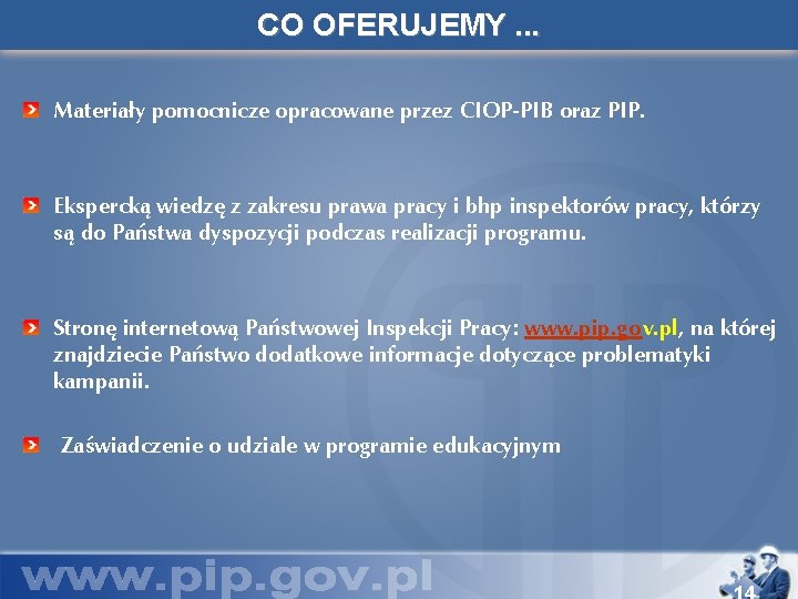 CO OFERUJEMY. . . Materiały pomocnicze opracowane przez CIOP-PIB oraz PIP. Ekspercką wiedzę z