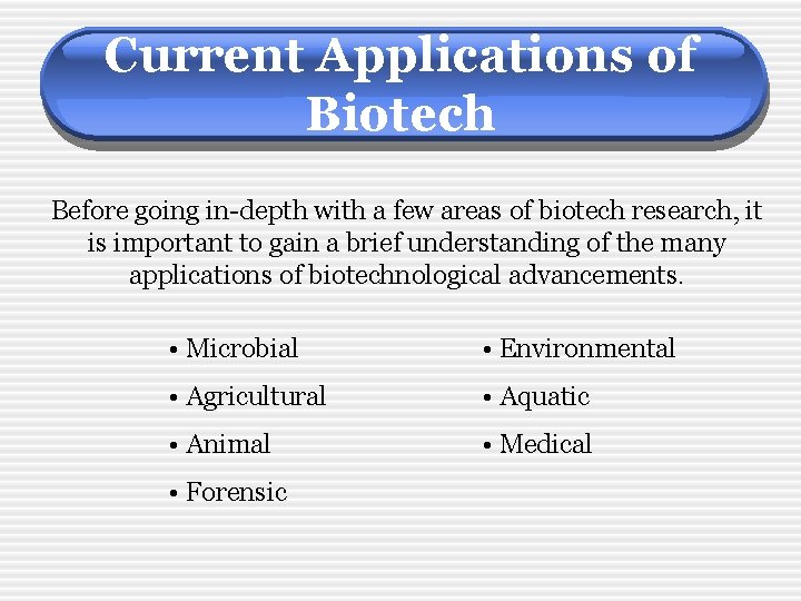 Current Applications of Biotech Before going in-depth with a few areas of biotech research,