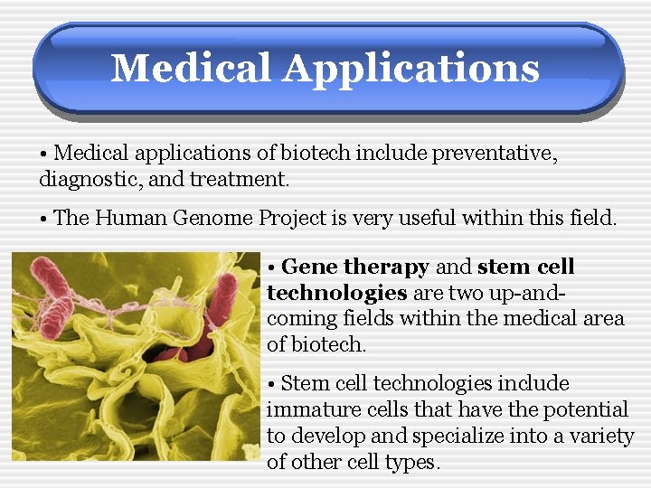 Medical Applications • Medical applications of biotech include preventative, diagnostic, and treatment. • The