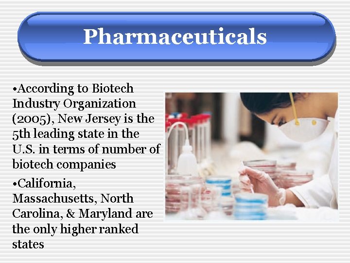 Pharmaceuticals • According to Biotech Industry Organization (2005), New Jersey is the 5 th