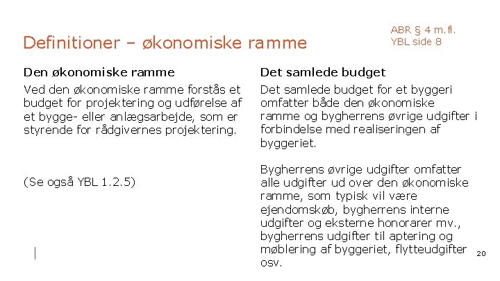 Definitioner – økonomiske ramme ABR § 4 m. fl. YBL side 8 Den økonomiske