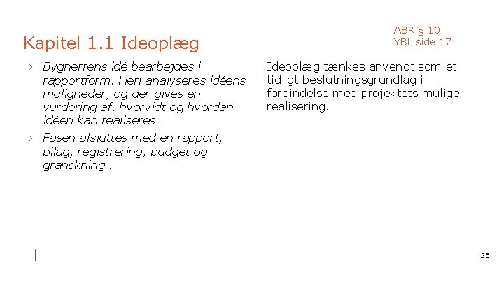 Kapitel 1. 1 Ideoplæg › Bygherrens idé bearbejdes i rapportform. Heri analyseres idéens muligheder,