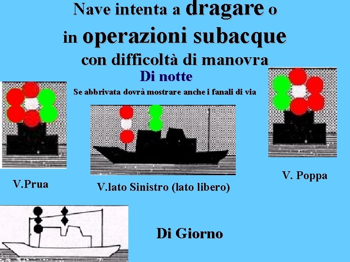 Nave intenta a dragare o in operazioni subacque con difficoltà di manovra Di notte