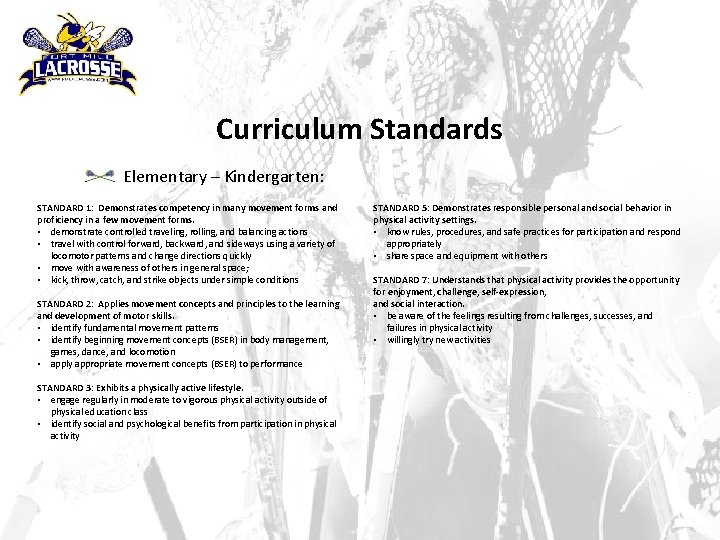 Curriculum Standards Elementary – Kindergarten: STANDARD 1: Demonstrates competency in many movement forms and