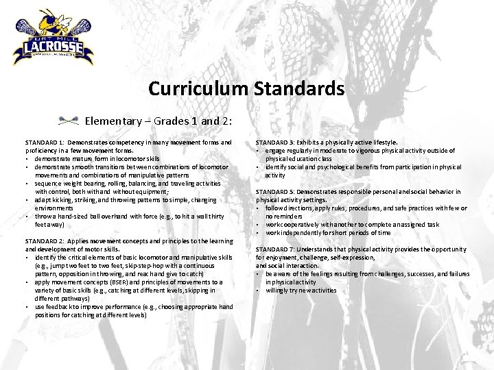 Curriculum Standards Elementary – Grades 1 and 2: STANDARD 1: Demonstrates competency in many