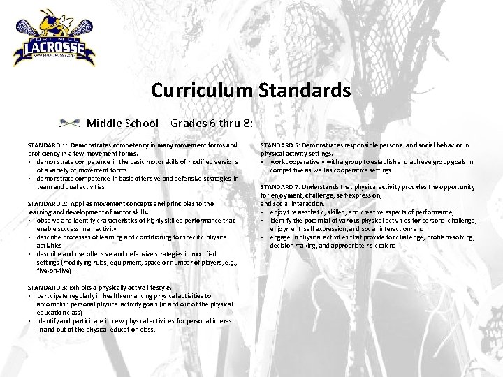 Curriculum Standards Middle School – Grades 6 thru 8: STANDARD 1: Demonstrates competency in