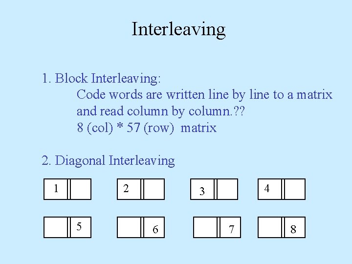 Interleaving 1. Block Interleaving: Code words are written line by line to a matrix