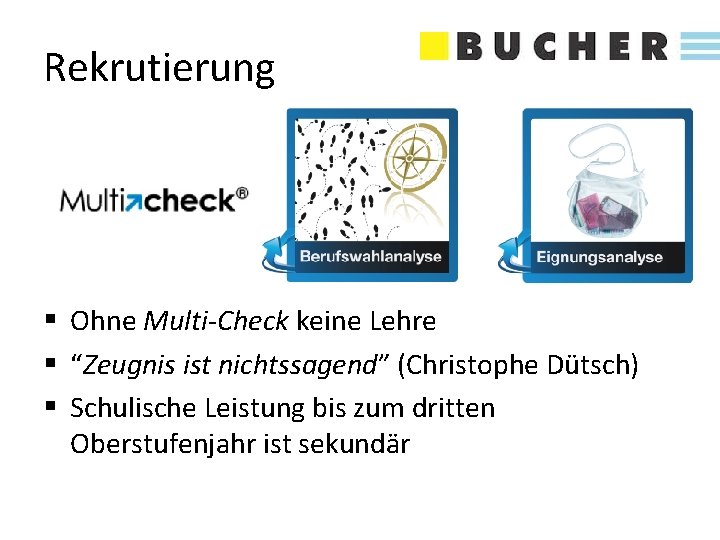 Rekrutierung § Ohne Multi-Check keine Lehre § “Zeugnis ist nichtssagend” (Christophe Dütsch) § Schulische