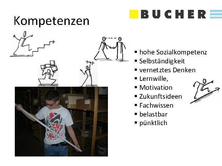 Kompetenzen § hohe Sozialkompetenz § Selbständigkeit § vernetztes Denken § Lernwille, § Motivation §