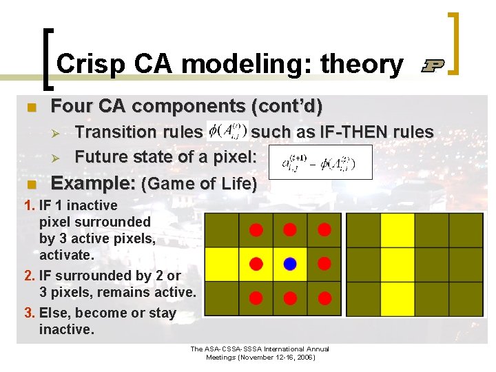 Crisp CA modeling: theory n Four CA components (cont’d) Ø Ø Transition rules such