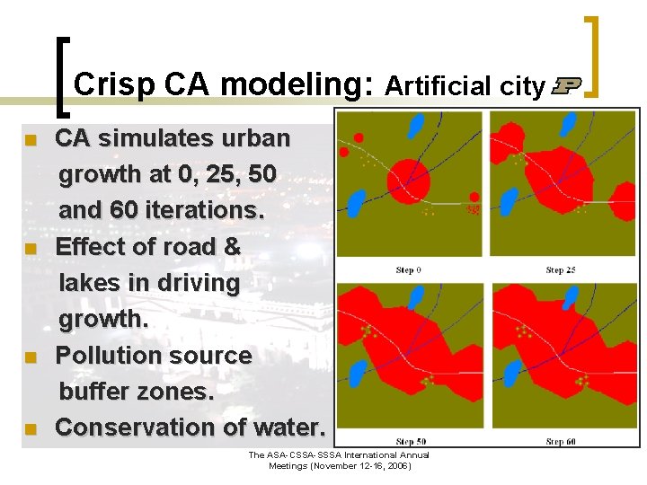 Crisp CA modeling: Artificial city n n CA simulates urban growth at 0, 25,