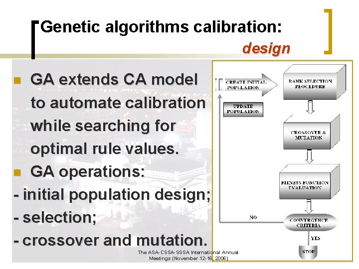Genetic algorithms calibration: design GA extends CA model to automate calibration while searching for