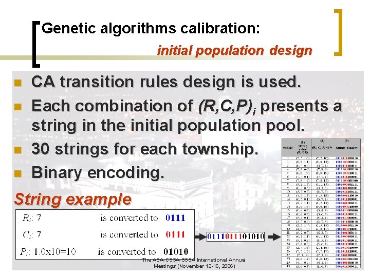 Genetic algorithms calibration: initial population design n n CA transition rules design is used.