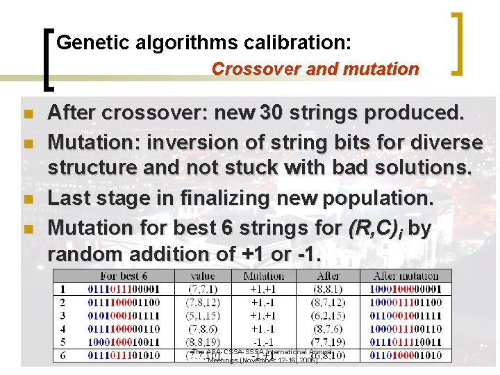 Genetic algorithms calibration: Crossover and mutation n n After crossover: new 30 strings produced.