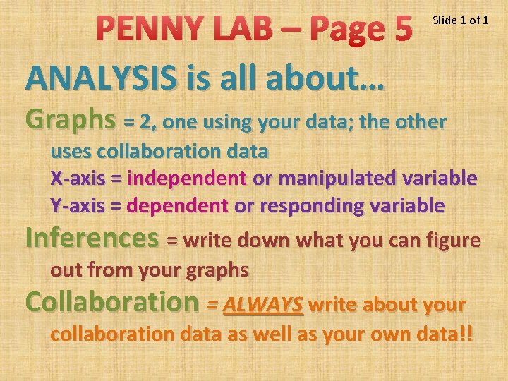 PENNY LAB – Page 5 ANALYSIS is all about… Slide 1 of 1 Graphs