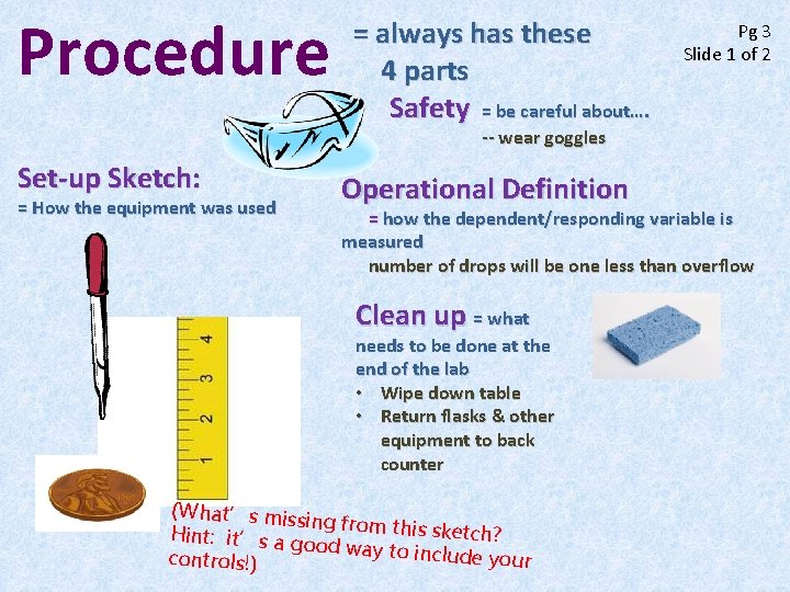 Procedure = always has these 4 parts Safety = be careful about…. Pg 3
