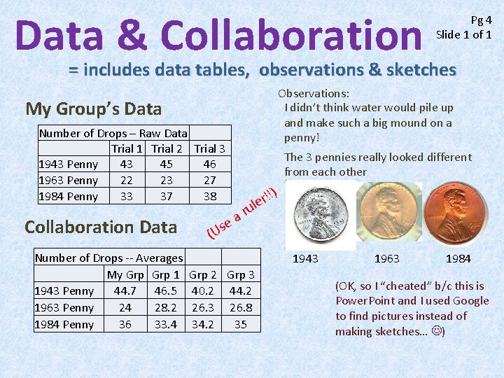 Data & Collaboration Pg 4 Slide 1 of 1 = includes data tables, observations
